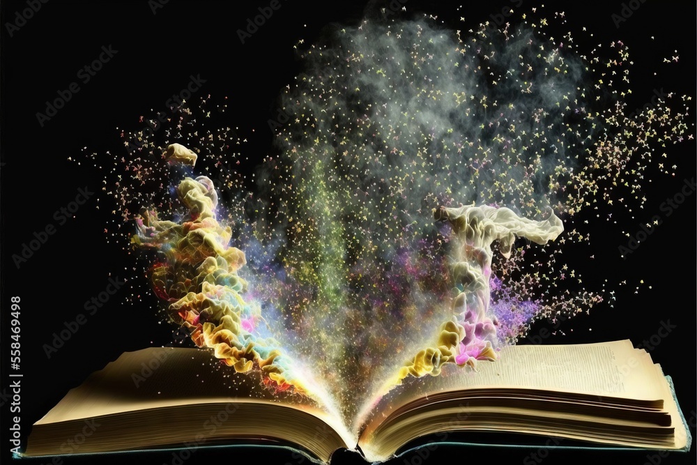 Aufkleber an open book with colorful dust coming out of the pages and a person standing on top of the open boo