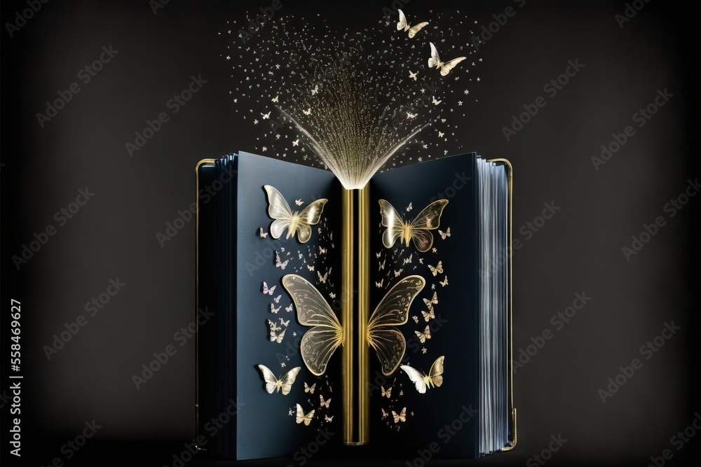 Poster an open book with butterflies flying out of it on a black background with a black background and a g