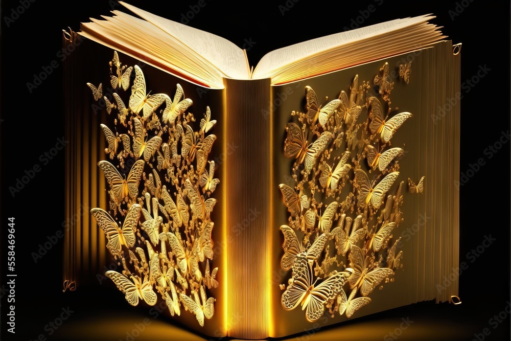 Poster an open book with a bunch of butterflies on the cover of it and a light shining on the book's cover 