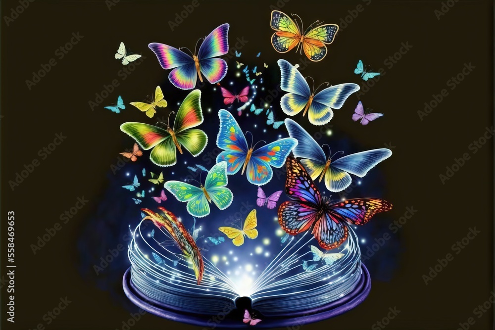 Poster a book with a bunch of butterflies flying out of the pages of the book, with a light shining in the 