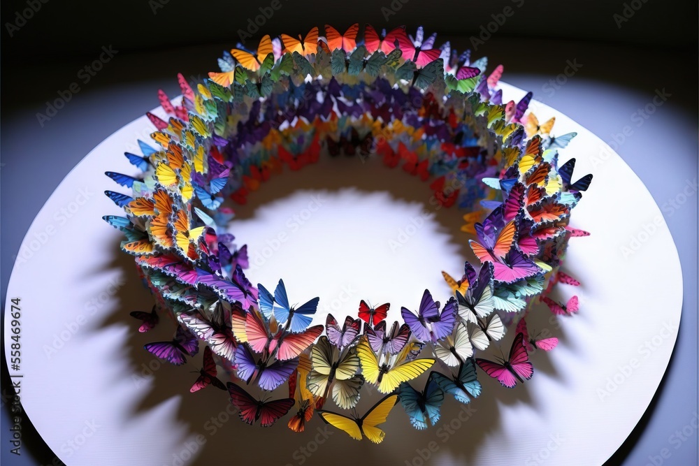 Poster a group of colorful butterflies sitting on top of a white plate on top of a white tablecloth covered