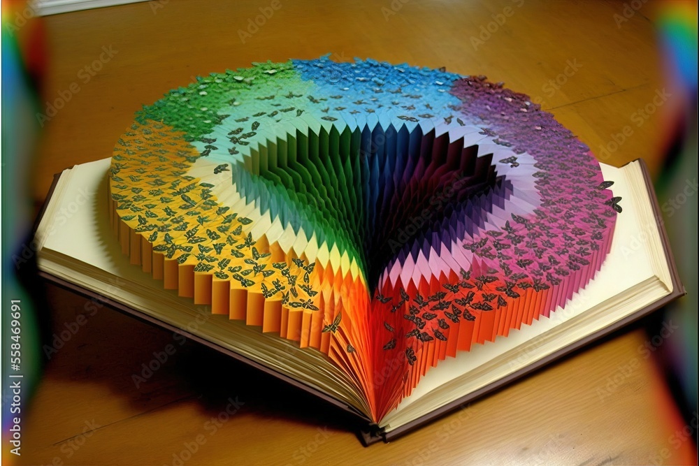 Poster a book with a bunch of different colored paper on it's cover and a bookmark in the middle of the boo