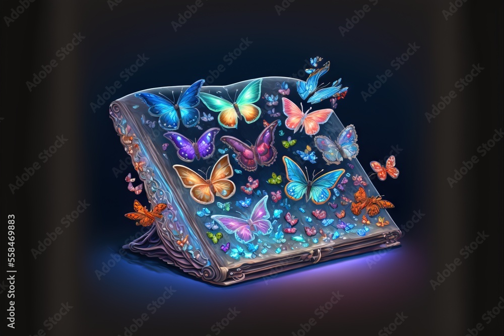 Poster a book with a bunch of butterflies inside of it on a black background with a blue light in the middl