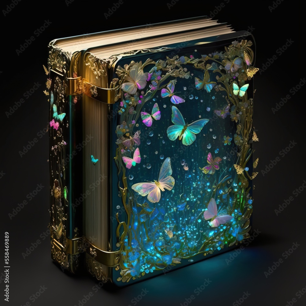 Poster a book with a bunch of butterflies inside of it on a black background with a light shining through t