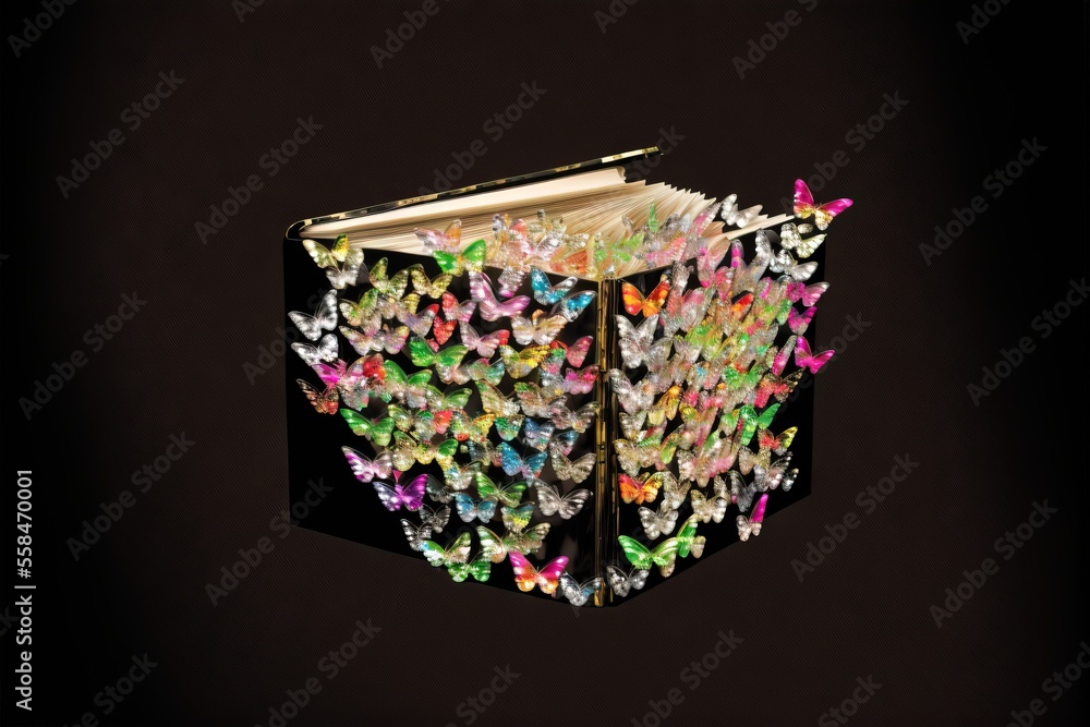Poster a book with a bunch of colorful butterflies on the cover of it's front cover and a black background 