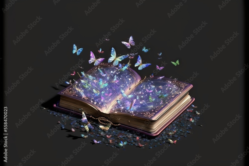 Poster an open book with butterflies flying out of it on a black surface with a black background and a blac