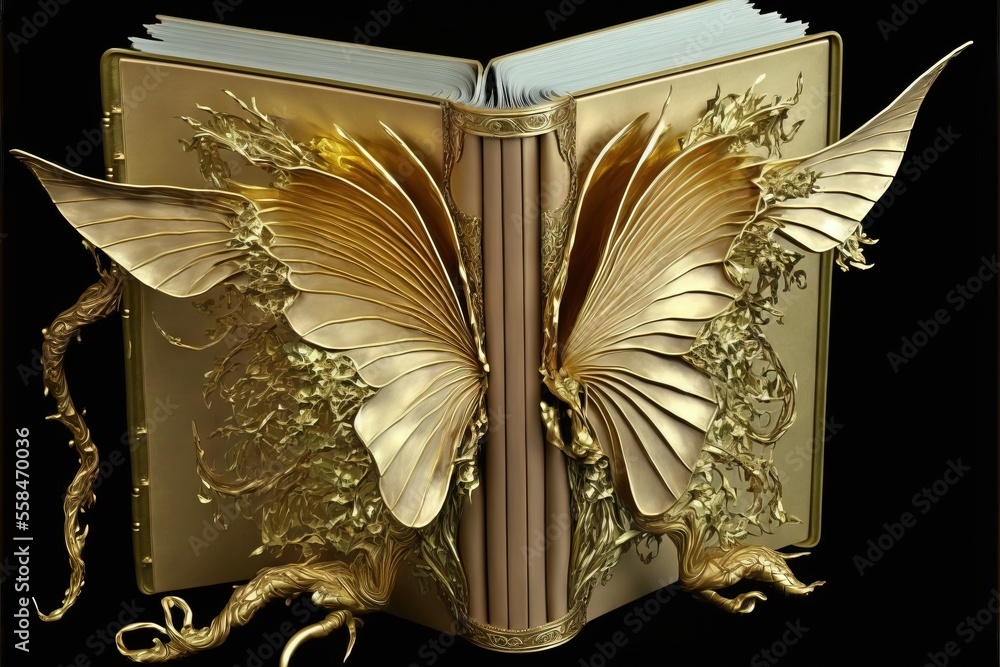 Poster a golden book with a butterfly on the front of it and a bookmark attached to the back of the book, w