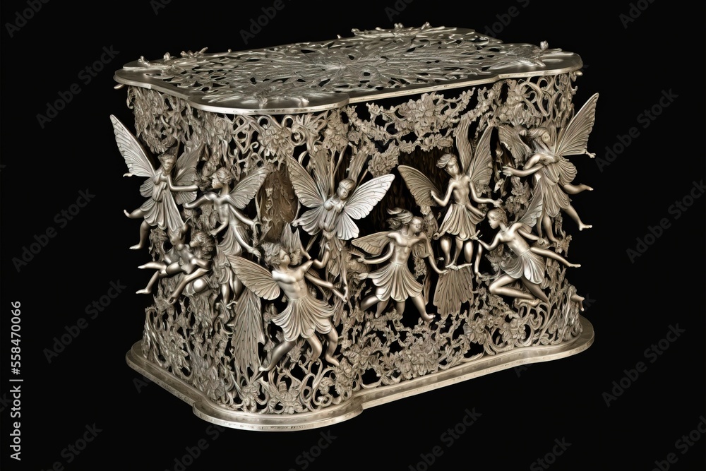 Aufkleber a silver box with a bunch of silver figurines on it's sides and a design on the inside of the lid an