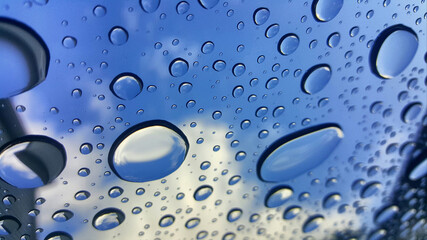 water drops on glass with sky