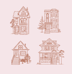 Victorian houses drawing in old fashioned vintage style on pink background.