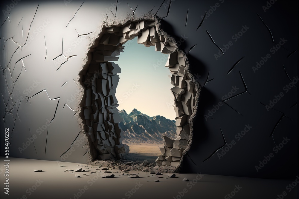 Aufkleber a hole in the wall with a mountain in the background and a hole in the wall with a mountain in the m