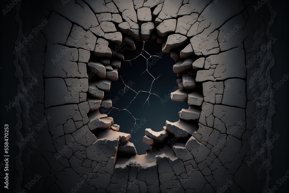 Poster a cracked wall with a hole in the middle and a sky in the middle of the wall with a lightning bolt c