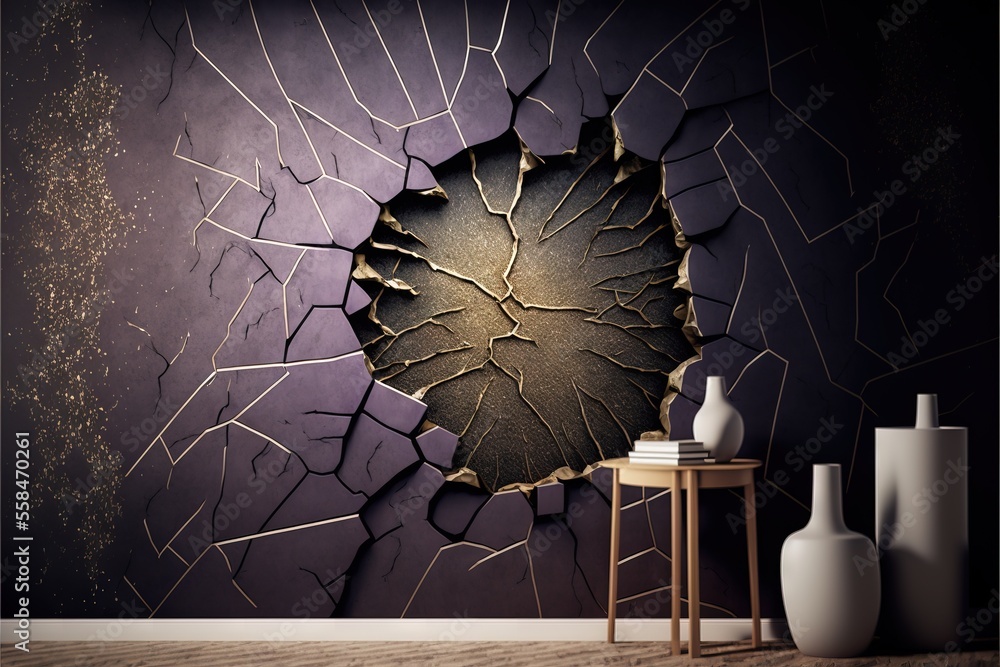 Poster a room with a vases and a wall with a cracked glass design on the wall and a table with two vases on