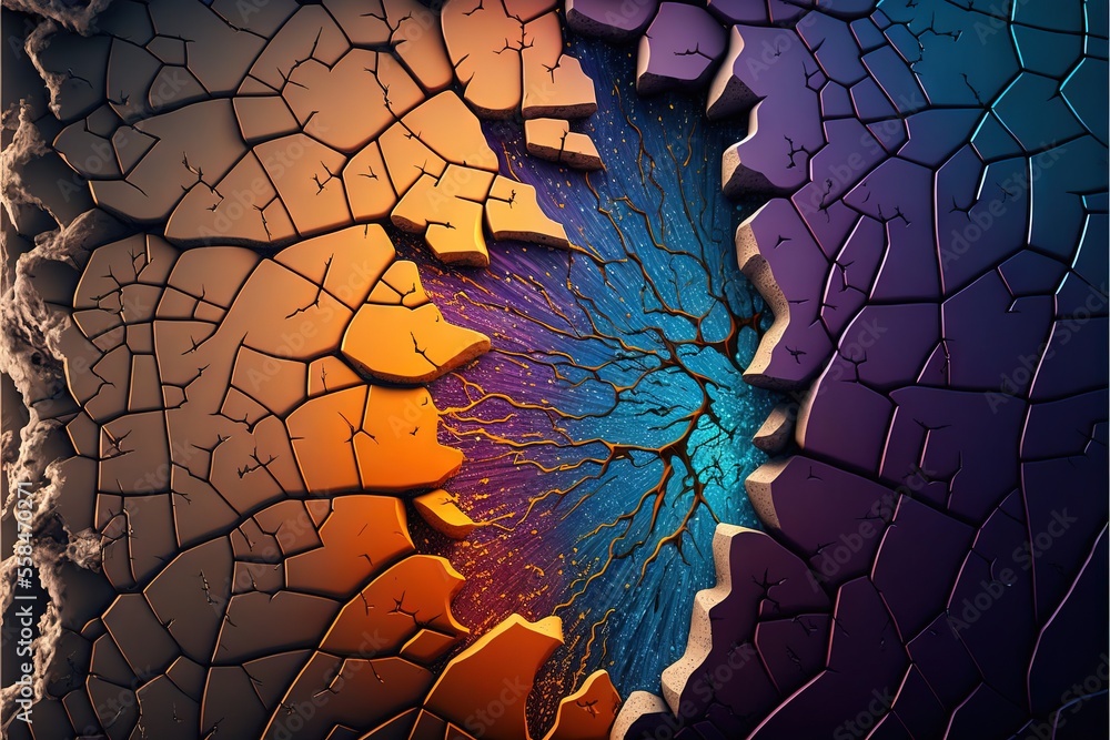 Poster a colorful background with a pattern of cracks and cracks in the middle of it, with a blue and yello