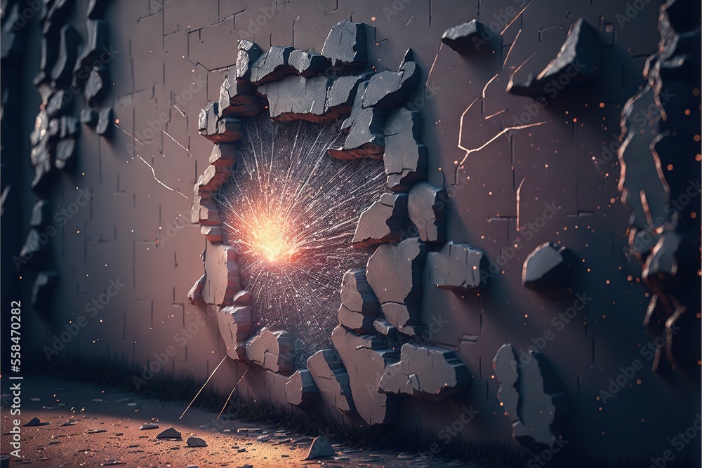 Poster a broken wall with a hole in it and a light coming out of it with a crack in the middle of the wall 