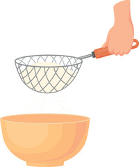 Flour sifting icon. Cartoon sifter in human hand