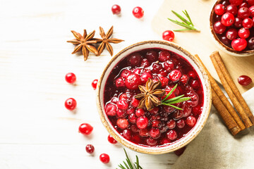 Cranberry sauce in a bowl top view.