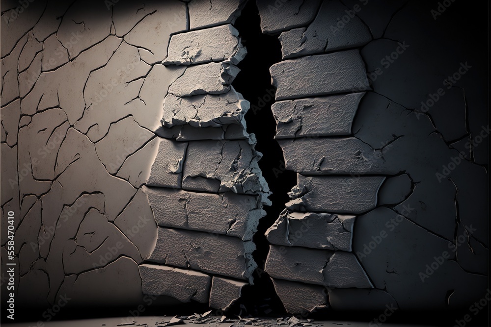 Poster a crack in a wall that has been torn apart with a light shining on it and a black background with a 