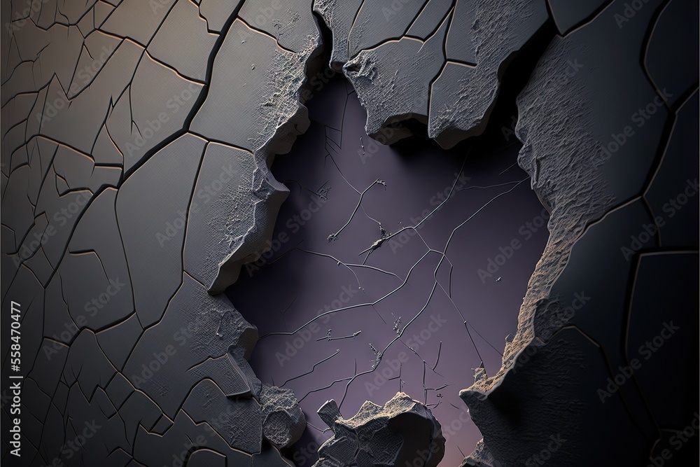 Poster a crack in the ground with a purple background and a black background with a white spot in the cente
