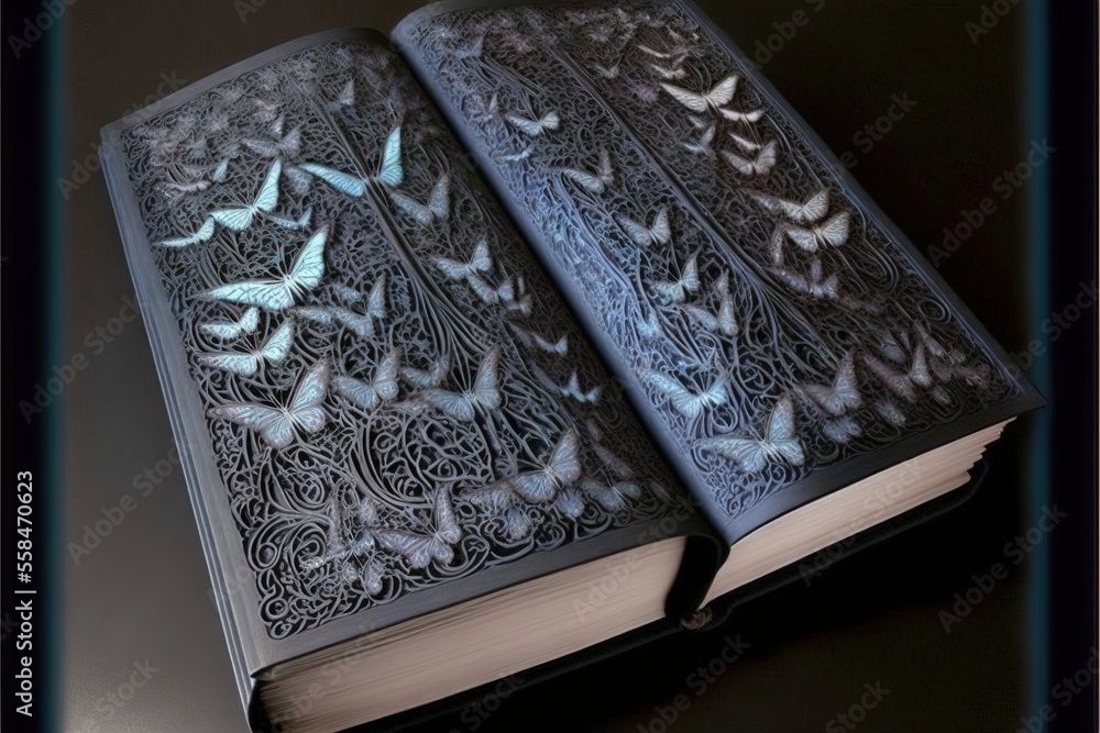 Poster an open book with butterflies on it on a black surface with a blue border around the book and a blac