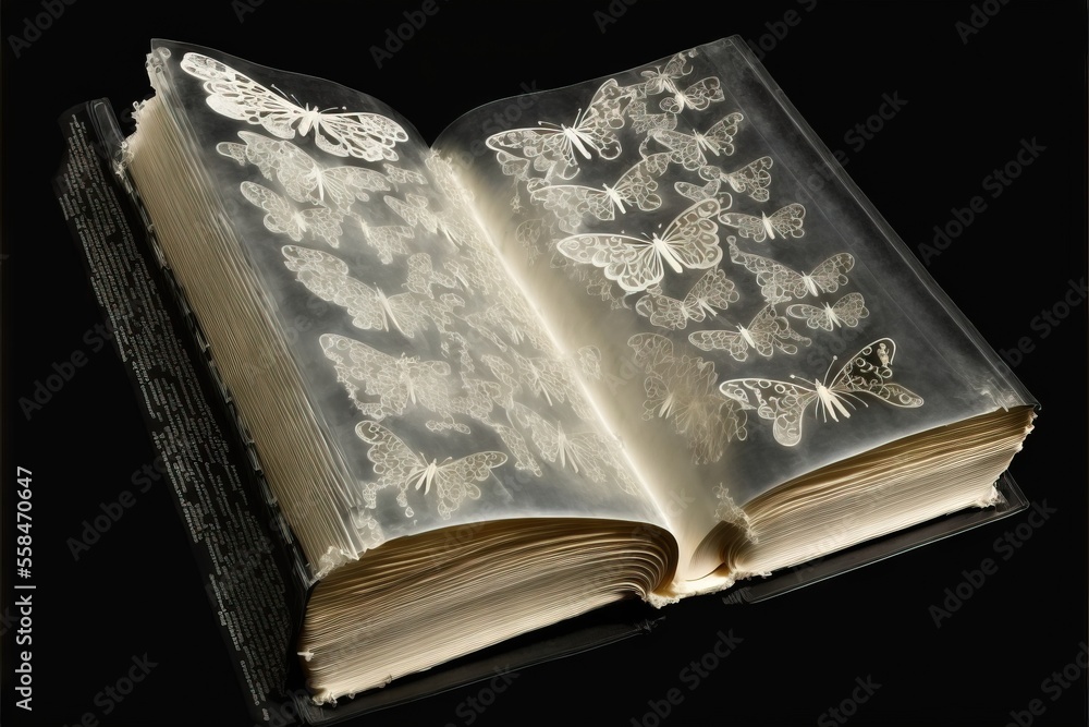Aufkleber an open book with a bunch of butterflies on the pages of it and a bookmark in the middle of the book