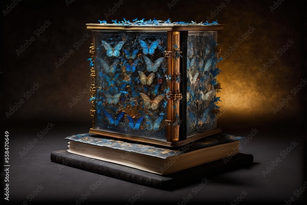 Poster a book with butterflies on it and a light on the top of the book is lit by a lamp that is on top of 
