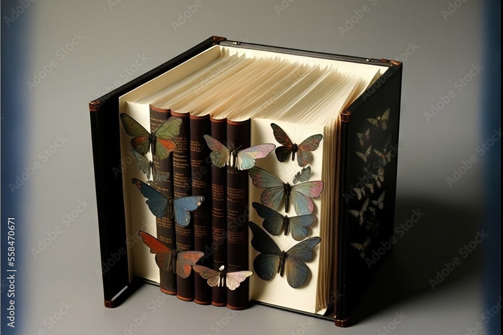 Poster an open book with butterflies on it sitting on a table next to a pair of books on a book stand with 