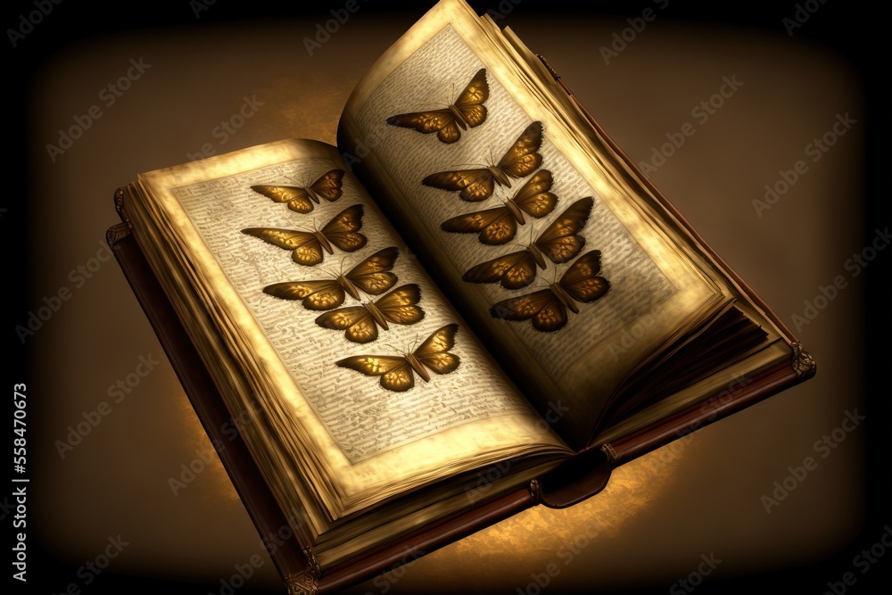 Poster an open book with a bunch of butterflies on the pages of the book, on a brown background with a ligh