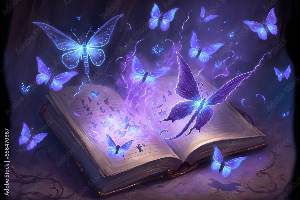 Poster an open book with butterflies flying out of it and a glowing book in the middle of the book is surro
