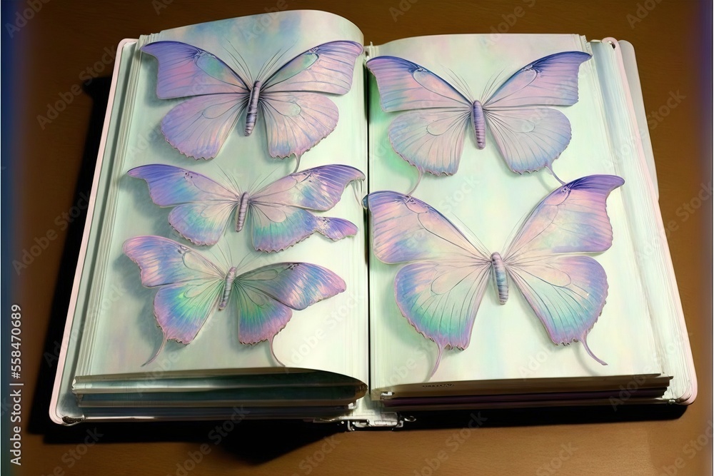 Poster an open book with a bunch of butterflies on the pages of it and a pen in the middle of the book and 
