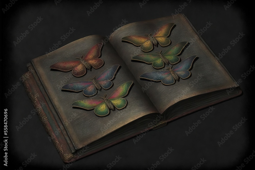 Poster an open book with butterflies on it on a black background with a black border around the book is an 