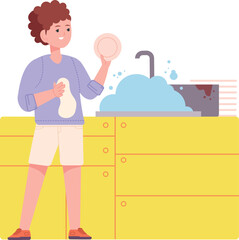 Kid washing dishes. Child responsibility in house work