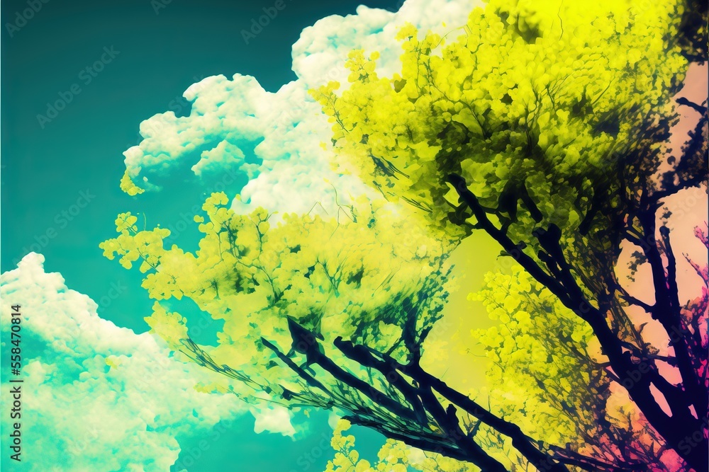 Poster a tree with yellow and green leaves in front of a blue sky with clouds in the background and a yello