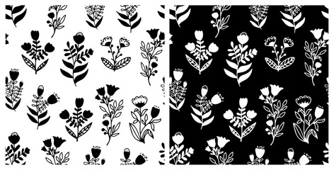 Set of monochrome flowers with leaves seamless repeat pattern. Bundle of two, vector botanicals all over surface print on white and black background.