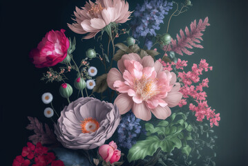 Beautiful flowers in retro style. AI generated image.