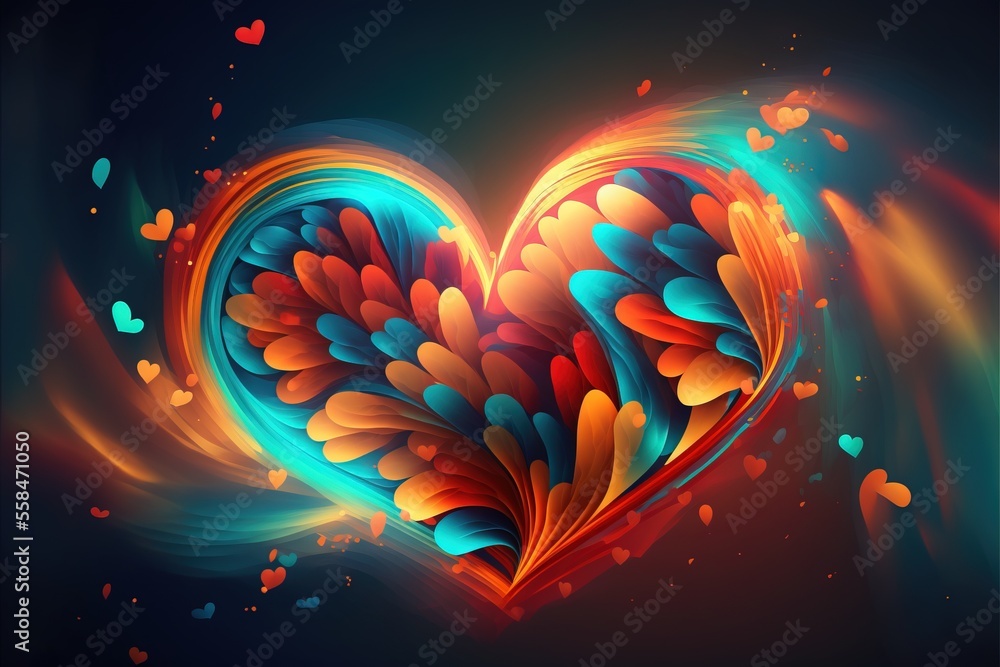 Poster a colorful heart shaped object on a dark background with hearts in the middle of it and a blue backg