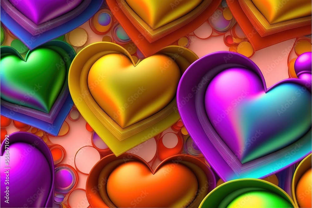 Poster a bunch of hearts that are on a wall together in the shape of a rainbow and red heart with bubbles o