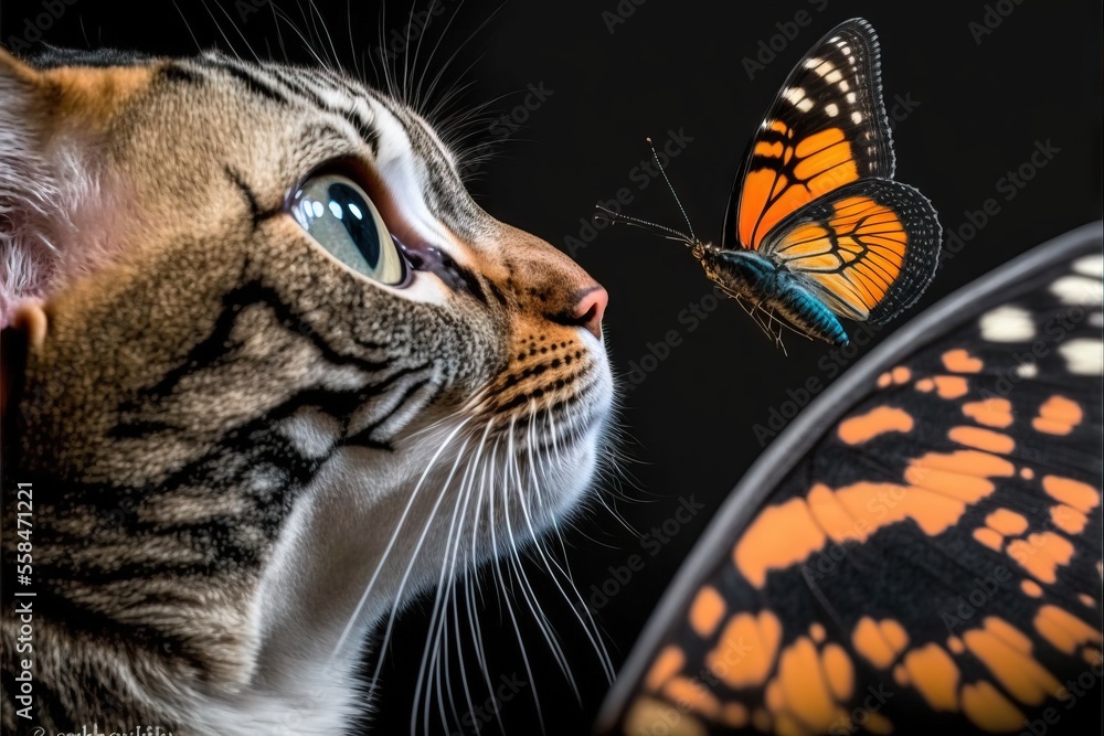 Poster a close up of a cat looking at a butterfly on a black background with a butterfly on the back of the