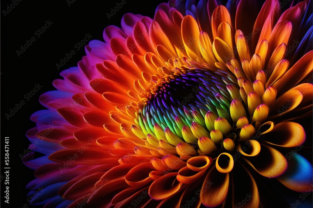Poster a multicolored flower with a black background and a black background with a black background and a b