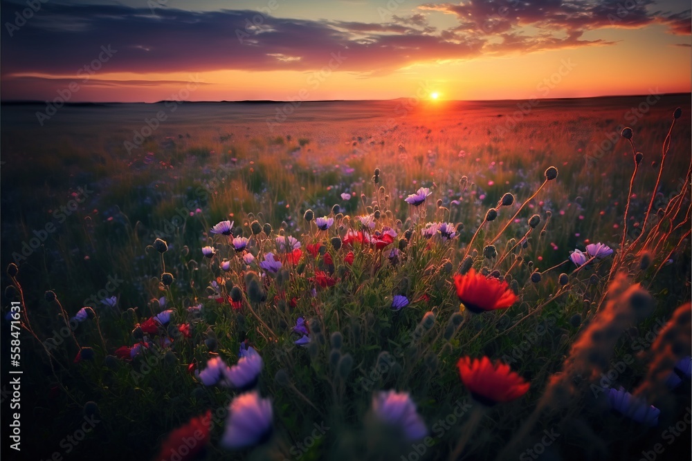 Poster a field of flowers with the sun setting in the distance behind it and a few clouds in the sky above 