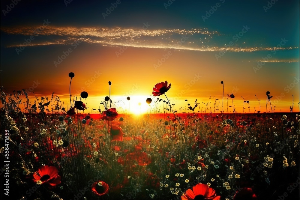 Poster a field of flowers with the sun setting in the distance behind them and the sun setting in the dista