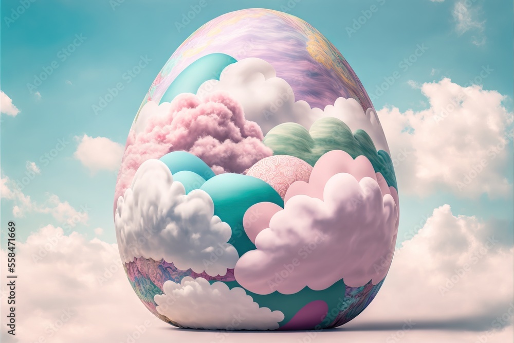 Poster a large egg with a sky background and clouds painted on it's side, in the middle of the image is a b
