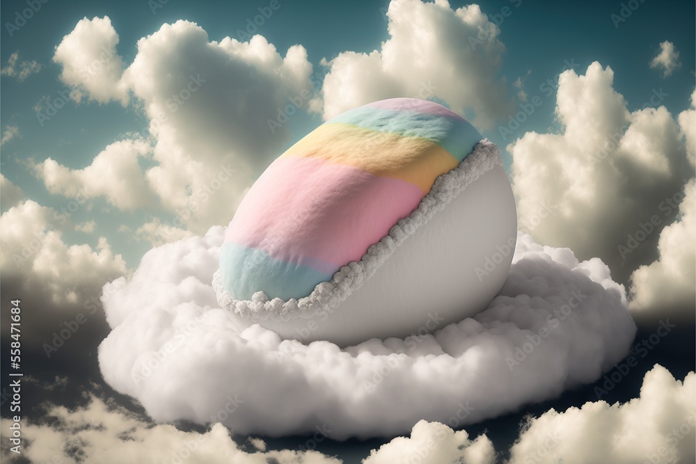 Poster a rainbow colored doughnut sitting on top of a cloud in a blue sky with white clouds around it and a