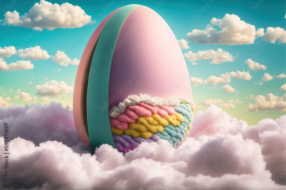 Poster an egg with a knitted blanket in the middle of a cloud filled sky with clouds and blue sky with whit