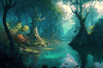 a body of water that is in the middle of a forest, deep wilderness, rivers, trees, clouds, fantasy, art illustration