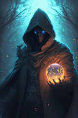 a man in a hooded suit holding a glowing ball, fantasy, magic, art illustration