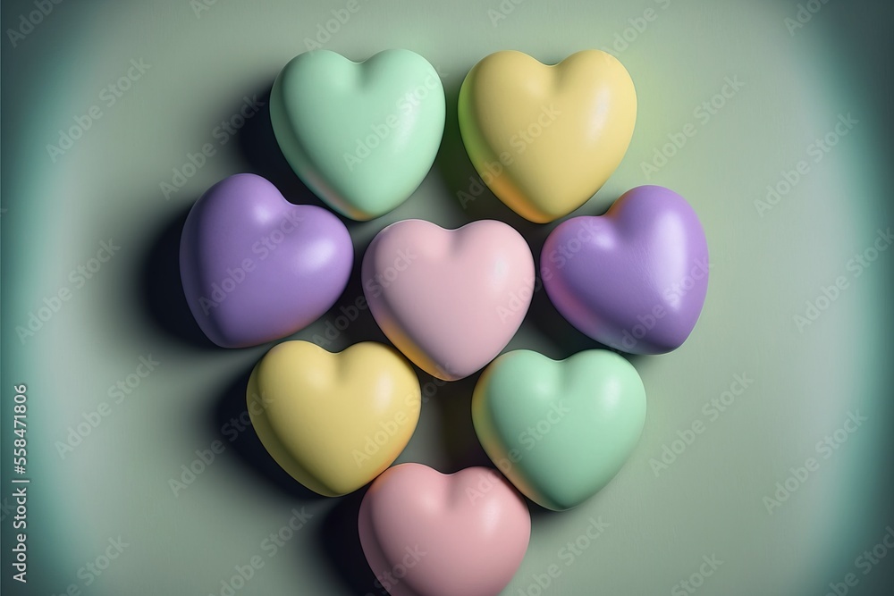 Poster a group of heart shaped candies sitting on top of each other in pastel colors on a gray background w
