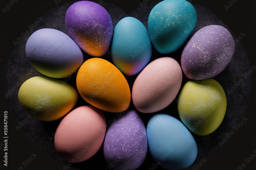 Poster a group of colorful eggs sitting in a circle on top of a black table top with a black background and