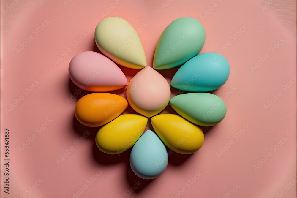 Poster a group of colorful eggs sitting on top of a pink table top next to a pink wall with a white frame o