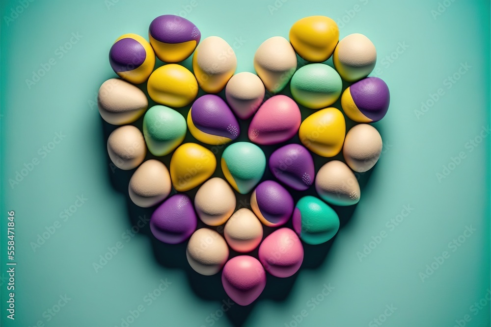 Aufkleber a heart shaped arrangement of candy eggs on a blue background with a green border in the middle of t
